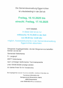 Gemeindeverwaltung urlaubsbedingt geschlossen