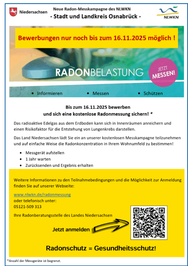 Anmeldung zur Radonmessung noch bis zum 16.11.25 möglich