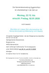 Gemeindeverwaltung urlaubsbedingt nicht besetzt