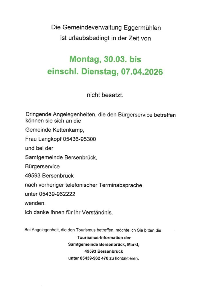 Gemeindeverwaltung urlaubsbedingt nicht besetzt 